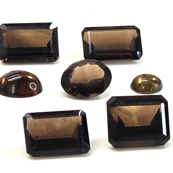 Smoky Quartz Gemstones Set Oval & Rectangular Cuts Emerald and Cabachons LI622 - Picture 2 of 16